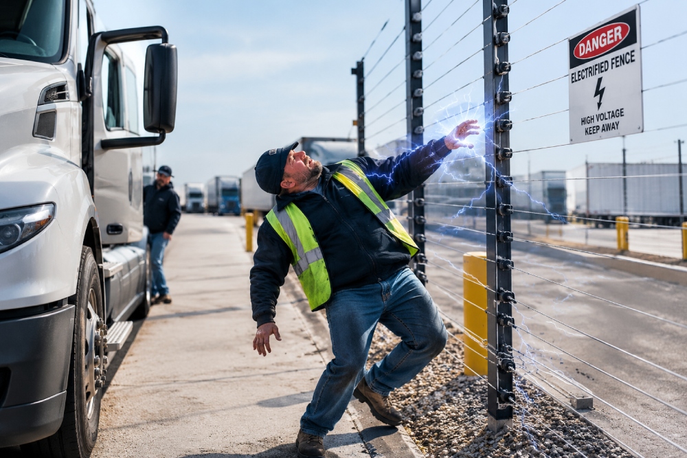 truck driver electrifiedby fence